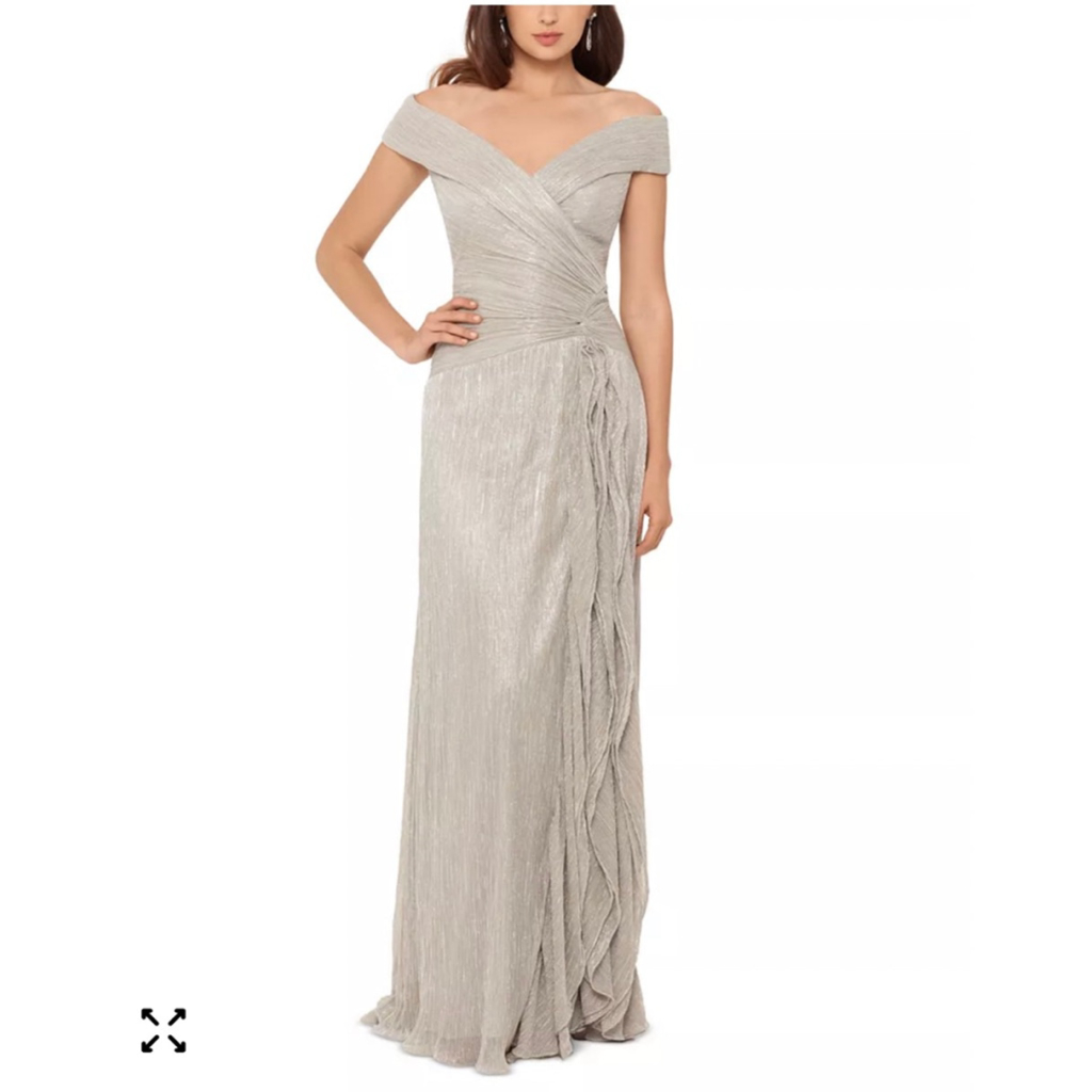 Nwt Xscape Off-The-Shoulder Metallic Pleated Gown Sz 4